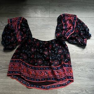 Joie Anthropologie 100% Silk Black Pink Floral Bubble Sleeve Top Size S Work